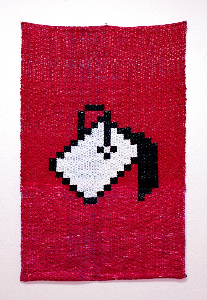 vertical dark pink fabric with susan kare's paintbucket icon woven within